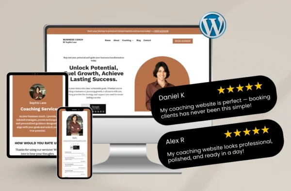 "A professional multi-device mockup of the 'Business Coach by Sophie Lane' WordPress template on a desktop monitor, tablet, and smartphone. The design features a sophisticated earthy brown and white theme, a professional portrait of a business coach, and integrated 5-star customer testimonials from Daniel K. and Alex R. highlighting ease of booking and professional polish."