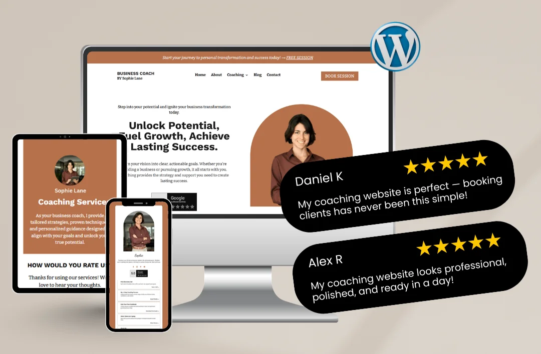 "A professional multi-device mockup of the 'Business Coach by Sophie Lane' WordPress template on a desktop monitor, tablet, and smartphone. The design features a sophisticated earthy brown and white theme, a professional portrait of a business coach, and integrated 5-star customer testimonials from Daniel K. and Alex R. highlighting ease of booking and professional polish."