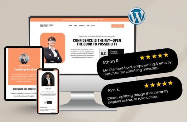 "A professional 'Confidence Coach' wordpress template mockup for mindset mentors. The design features a warm orange and white color palette, a portrait of coach Elena James, and the headline 'Confidence is the Key—Open the Door to Possibility.' Displayed on a desktop, tablet, and smartphone with a WordPress logo and 5-star testimonials from Ethan R. and Ava K."