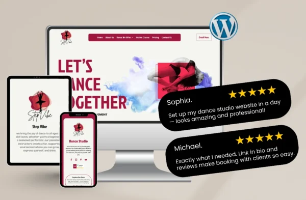 A multi-device mockup for the "Step Vibe" dance studio WordPress template shown on a desktop monitor, tablet, and smartphone. The website features a vibrant pink and maroon theme with the headline "LET'S DANCE TOGETHER" and a background of a dancer with colorful smoke. Two black 5-star testimonial bubbles from Sophia and Michael are featured on the right, highlighting the site's professional look and easy booking features.