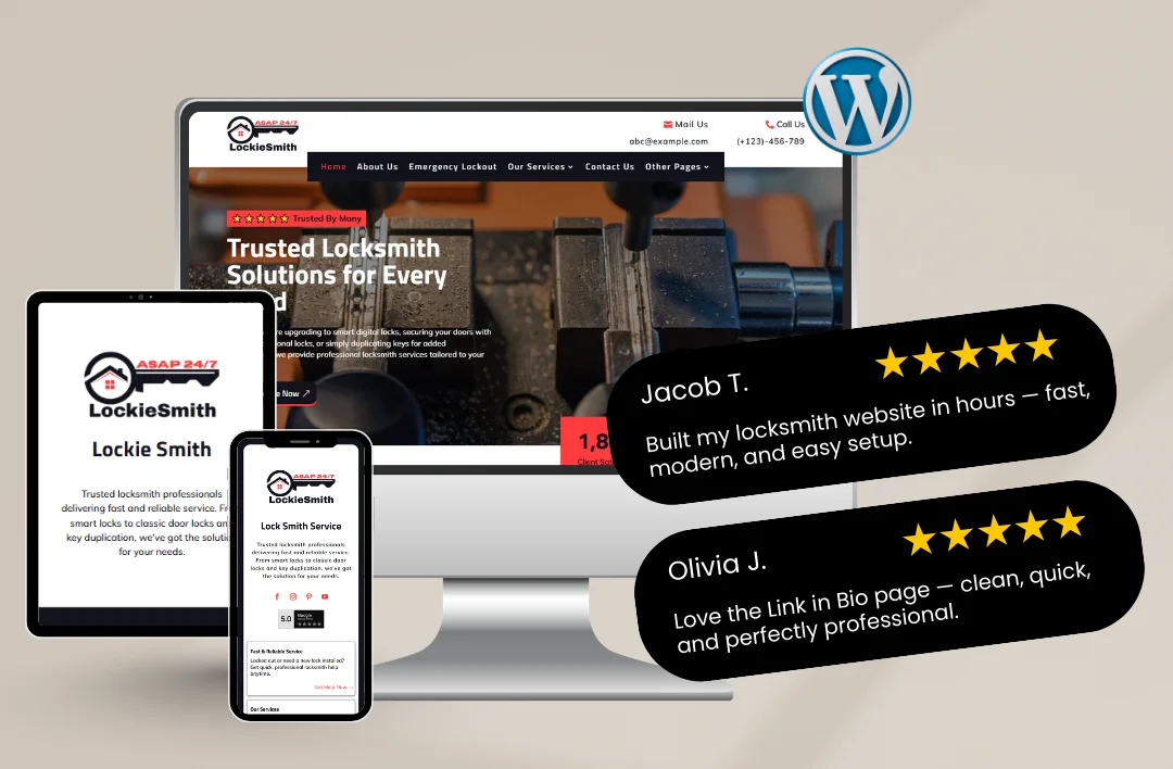 A promotional mockup for the "LockieSmith" WordPress template displayed on a desktop monitor, tablet, and smartphone. The website features a red and black color theme with a background image of a locksmith working on a key. A blue WordPress logo is in the top right, and two 5-star customer reviews from Jacob T. and Olivia J. are shown in black speech bubbles, highlighting the site's professional design and ease of use.