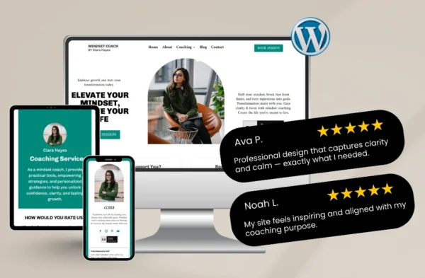 "A professional 'Mindset Coach' website template mockup for personal development mentors. The design features a serene emerald green and white color palette, a portrait of coach Clara Hayes, and the headline 'Elevate Your Mindset, Evolve Your Life.' Displayed across a desktop monitor, tablet, and smartphone with a WordPress logo and 5-star testimonials from Ava P. and Noah L."