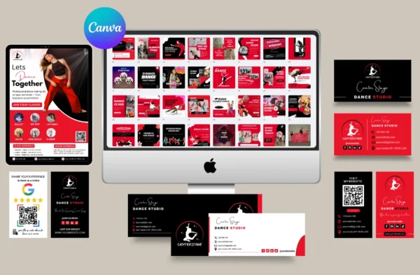 A comprehensive branding kit mockup for 'Center Stage Dance Studio' featuring a red, black, and white theme. The image includes an iMac displaying a grid of social media post templates with a Canva logo, a tablet showing a promotional flyer titled 'Let's Dance Together,' and several business card layouts. Additional assets like a Google review card with a QR code and branded stationery are also displayed against a neutral background.