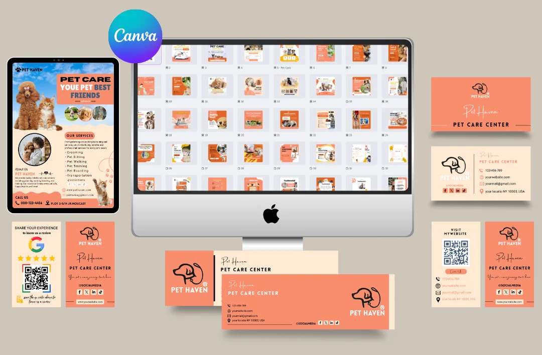 A comprehensive branding kit mockup for 'Pet Haven' dog walking and pet care services. The kit features a friendly peach and cream color scheme displayed across a desktop monitor with social media templates, a tablet showing a pet care flyer, and professional business cards. It includes integrated QR codes for website visits and Google reviews, demonstrating a unified and trustworthy brand identity for pet service providers.