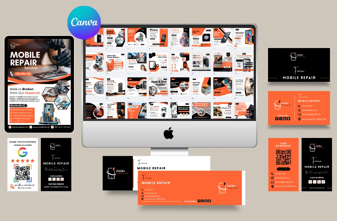 A professional branding kit mockup for 'Mobile Repair Shop' featuring a vibrant orange and black color scheme. The image includes an iMac displaying a grid of social media templates with a Canva logo, a tablet showing a 'Mobile Repair Solutions' flyer, and multiple business card layouts. Also featured are branded email signatures and a Google review collection card with a scannable QR code, all presented on a neutral background.