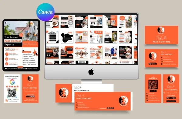 A comprehensive branding kit mockup for 'Bug Out' pest control services. The kit features a vibrant orange and black color scheme across a desktop monitor showing social media templates, a tablet displaying service details, professional business cards, and letterheads. It includes a scannable Google review QR card, demonstrating a unified brand identity for both digital and print marketing.