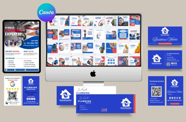 A comprehensive branding kit mockup for 'Home Plumber' services. The image features a desktop monitor displaying a grid of social media post templates, a tablet showing a professional service flyer, and various print assets including royal blue business cards, letterheads, and an email signature. It also includes a review collection card with a Google logo and a scannable QR code, all maintaining a consistent and professional brand identity.