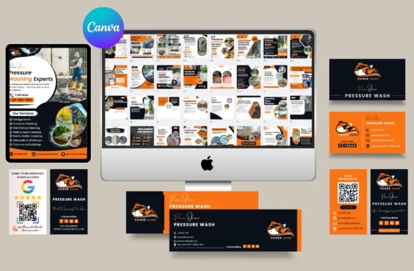 A comprehensive branding kit mockup for 'Power Wash' pressure washing services. The kit features a bold black and orange color scheme displayed on a desktop monitor showing social media templates, a tablet with service flyers, professional business cards, and letterheads. Includes a scannable Google review QR card, demonstrating a unified brand identity for local home service marketing.