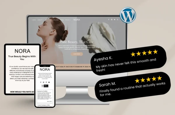 Skincare WordPress eCommerce theme preview displayed on desktop, tablet, and mobile with customer testimonials and 5-star reviews