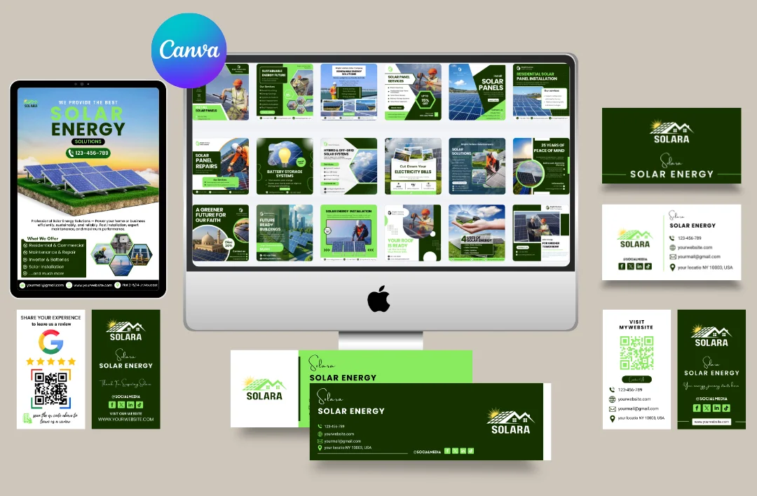 A comprehensive branding kit mockup for 'Solara Solar Energy' featuring a professional green and white color theme. The image includes a desktop monitor displaying a grid of social media templates with a Canva logo, a tablet showing a promotional solar energy flyer, and several business card designs. The kit also features a Google review collection card with a QR code and branded email signatures, all showcasing a mountain-and-sun logo.