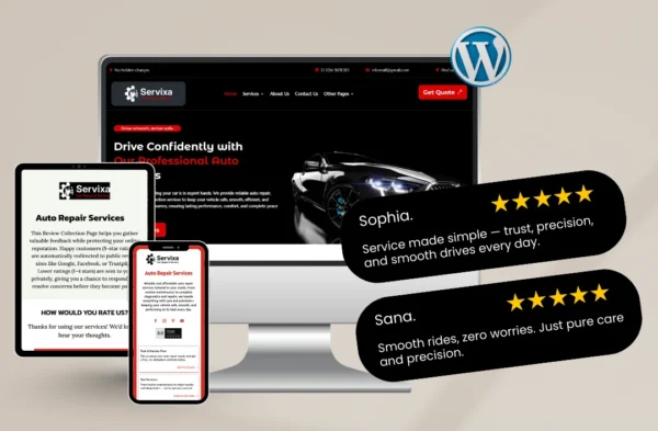 "A professional multi-device mockup of the 'Servixa' Auto Repair WordPress template on a desktop monitor, tablet, and smartphone. The design features a sleek dark theme with red highlights, professional automotive imagery, and integrated 5-star customer testimonials to build instant trust and authority for local mechanic shops."