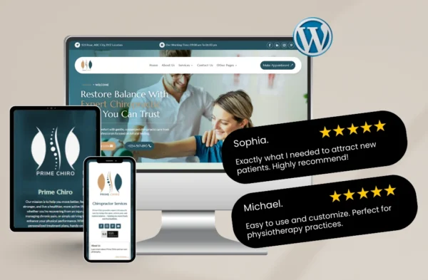"A professional Chiropractor WordPress template mockup displayed on a desktop, tablet, and smartphone. The design features a serene teal and white healthcare theme, professional chiropractic treatment imagery, and integrated 5-star patient testimonials from Sophia and Michael to build immediate clinic authority."