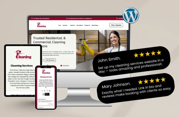 Cleaning business WordPress website displayed on desktop, tablet, and mobile devices with customer testimonials and five-star reviews overlay.