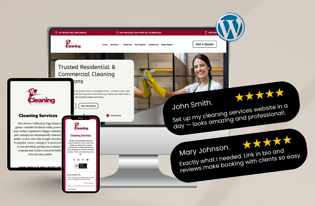 Cleaning business WordPress website displayed on desktop, tablet, and mobile devices with customer testimonials and five-star reviews overlay.