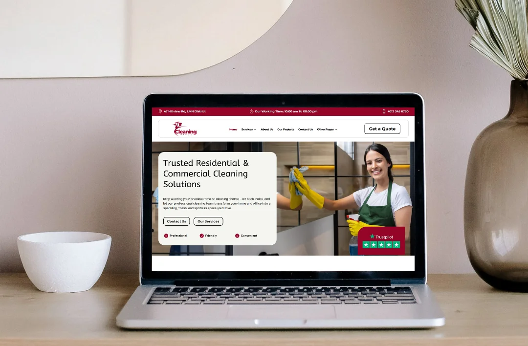 Cleaning services website homepage displayed on a laptop screen featuring residential and commercial cleaning layout with call-to-action button.