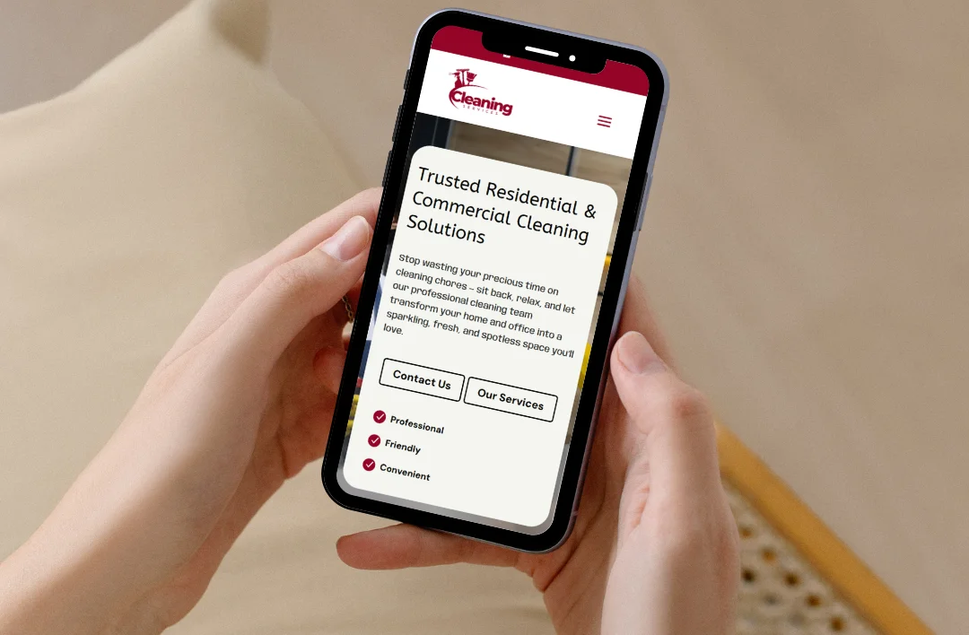 Mobile view of a cleaning services website showing residential and commercial cleaning solutions with call-to-action buttons.