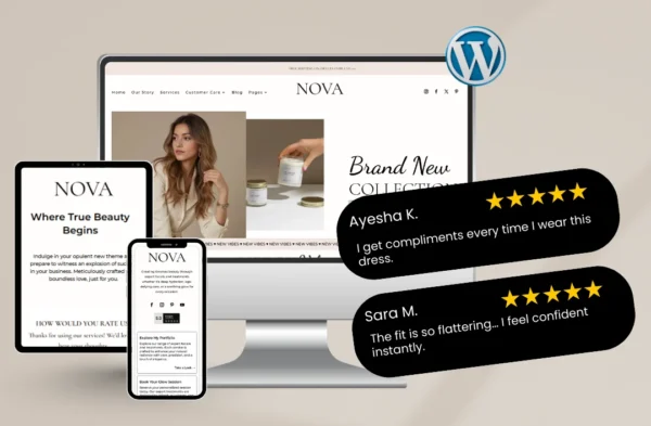 Clothing eCommerce WordPress theme preview displayed on desktop, tablet, and mobile with fashion homepage layout and 5-star customer testimonials