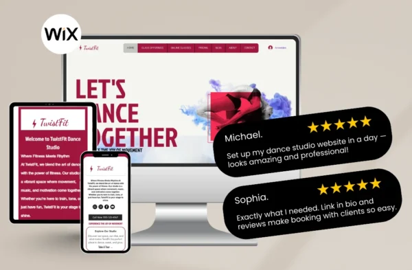 A professional multi-device mockup of a Wix dance studio website template named 'TwistFit'. The display includes a desktop monitor with a bold 'Let's Dance Together' headline, alongside a tablet and smartphone showing studio details. Features include 5-star customer reviews from Michael and Sophia, a vibrant maroon and white color scheme, and a modern UI designed for fitness and arts businesses.
