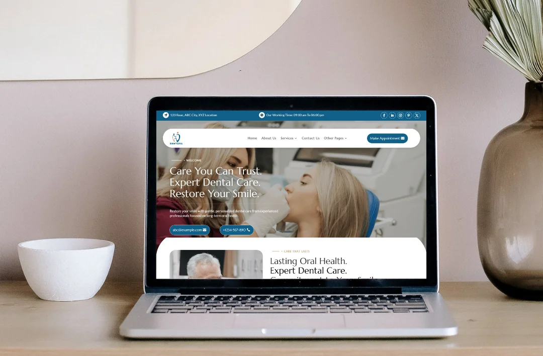 A desktop website mockup for a dental clinic displayed on a laptop. The design features a professional white and teal theme with a hero image showing a dentist treating a patient. The main headline reads 'Care You Can Trust. Expert Dental Care. Restore Your Smile.' The site includes a 'Make Appointment' button, contact information placeholders, and sections dedicated to oral health and expert care, presented in a clean, modern office setting.