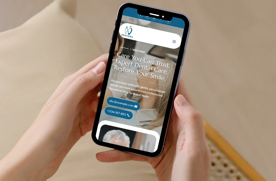 A full vertical website landing page preview for "Dentora" Dental Clinic. The design features a professional deep blue and beige color scheme. It includes a hero banner titled "Restore Your Smile," followed by a six-card grid of dental services, a "Why Choose Us" section with checkboxes, dentist profiles, patient testimonials, and a detailed footer with contact information and an integrated map.