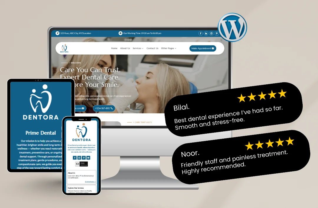 A technical speed test mockup for the "Dentora" dental clinic WordPress template. A desktop monitor displays an 80 performance score and a 100 score for best practices, while a smartphone shows a mobile performance score of 82. The interface demonstrates that the deep blue and beige dental theme is highly optimized for fast loading and accessibility on all devices.
