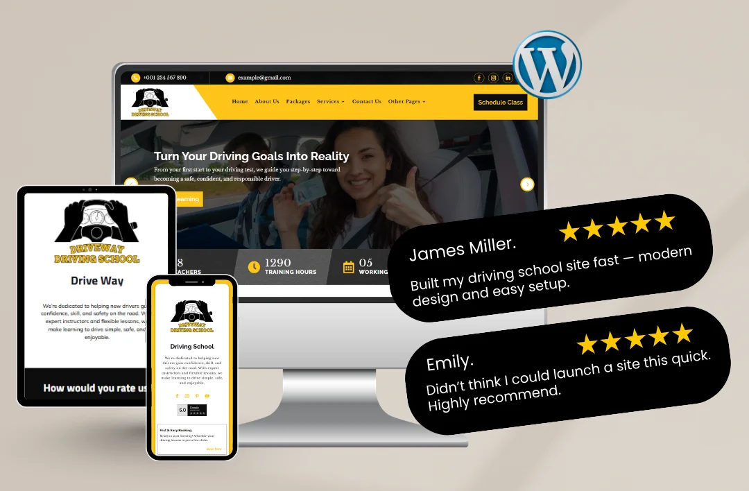 A promotional mockup for a driving school WordPress template shown on a desktop monitor, tablet, and smartphone. The website features a yellow and black theme with a headline that reads "Turn Your Driving Goals Into Reality." A WordPress logo icon is in the top right, and two 5-star customer reviews from Felix R. and Harper C. are displayed in black speech bubbles, praising the site's modern design and easy setup.
