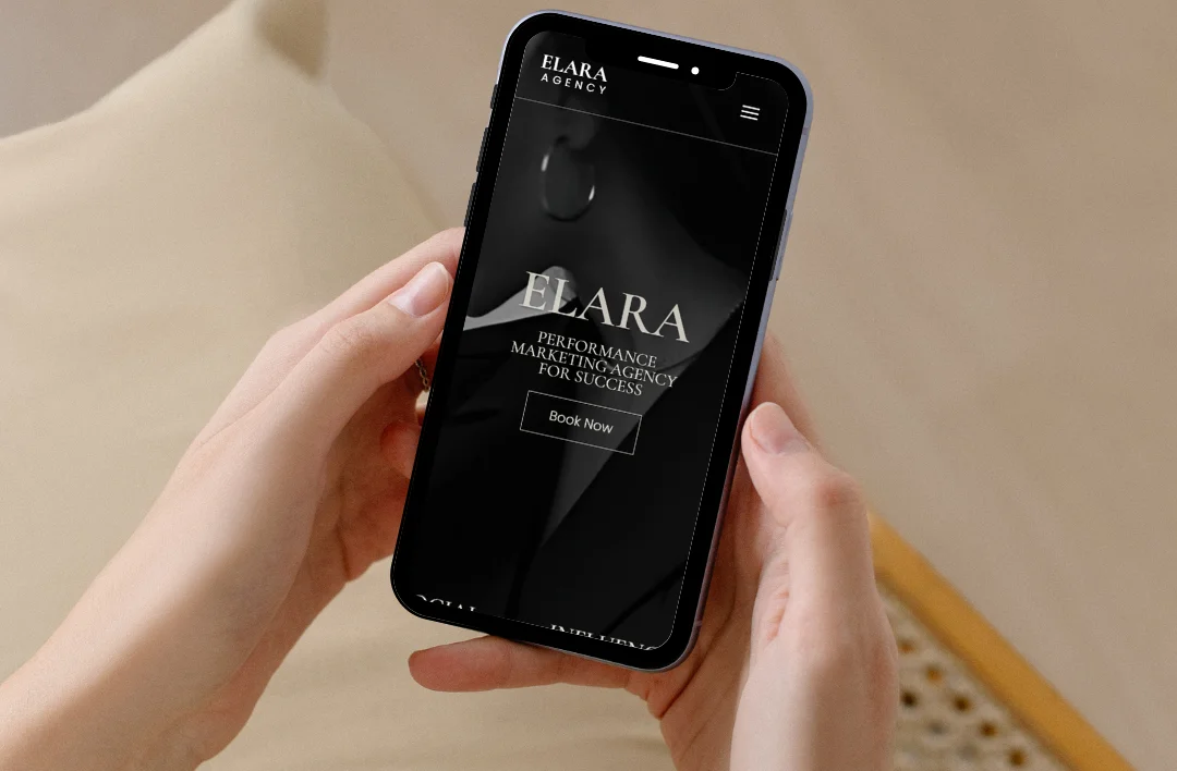 A promotional showcase of the Elara WordPress theme for marketing agencies and coaches. The images display a premium monochrome website design across desktop, tablet, and smartphone devices. The layout features a hero banner titled "ELARA: Performance Marketing Agency for Success," positive 5-star testimonials from James and Sarah, an interactive rating system with a QR code, and a technical speed test displaying a high 98 performance score on desktop.