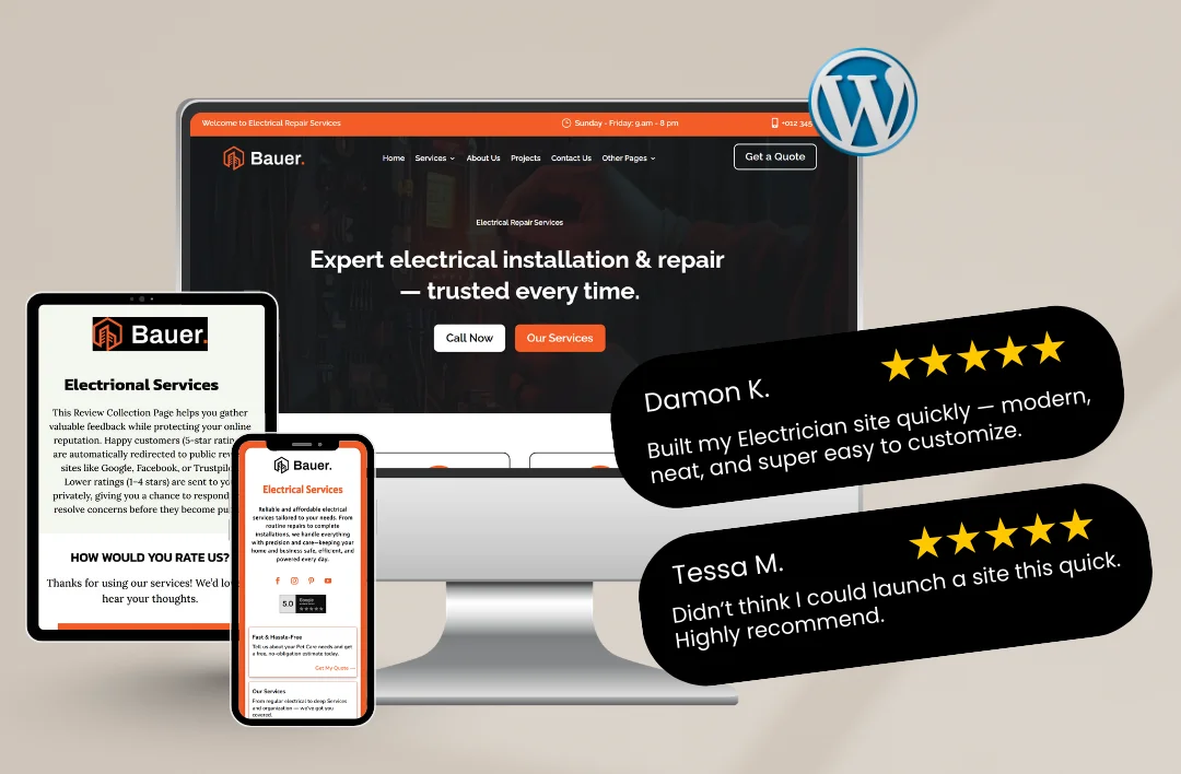 Electrician WordPress website displayed on desktop, tablet, and mobile devices with customer testimonials and five-star reviews.