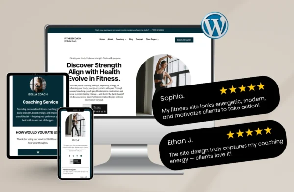 A professional 'Fitness Coach' website template mockup for health and wellness professionals. The design features a clean and modern dark teal and white color palette, a high-quality photo of a fitness coach in an arched frame, and the headline 'Discover Strength, Align with Health, Evolve in Fitness.' Displayed across a desktop monitor, tablet, and smartphone with a WordPress logo and 5-star testimonials from Sophia and Ethan J."