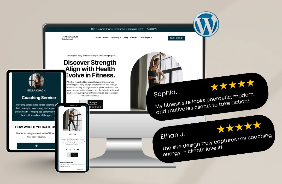 A professional 'Fitness Coach' website template mockup for health and wellness professionals. The design features a clean and modern dark teal and white color palette, a high-quality photo of a fitness coach in an arched frame, and the headline 'Discover Strength, Align with Health, Evolve in Fitness.' Displayed across a desktop monitor, tablet, and smartphone with a WordPress logo and 5-star testimonials from Sophia and Ethan J."