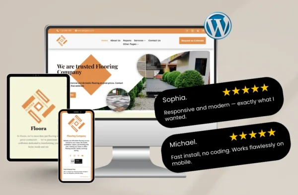 "A professional Flooring Company WordPress template mockup displayed on a desktop, tablet, and smartphone. The design features a modern orange and white color scheme, high-quality flooring installation imagery, and integrated 5-star customer testimonials from Sophia and Michael to build local business authority."