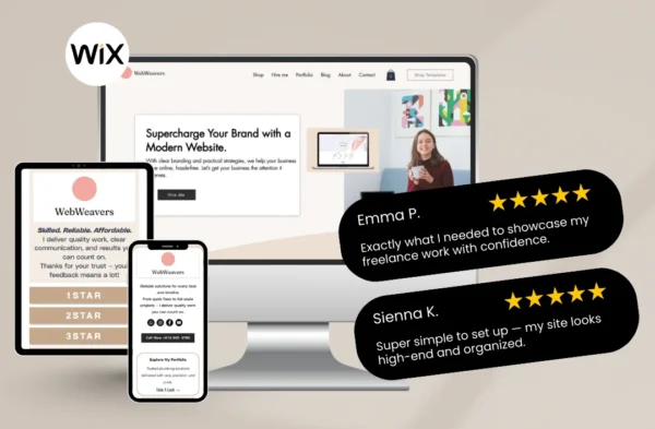 A professional multi-device mockup of a Wix freelancer template featuring a minimalist light theme on a monitor, tablet, and smartphone. The design includes a bold 'Supercharge Your Brand' headline and 5-star customer reviews from Emma P. and Sienna K., highlighting the high-end, organized layout for creative professionals.