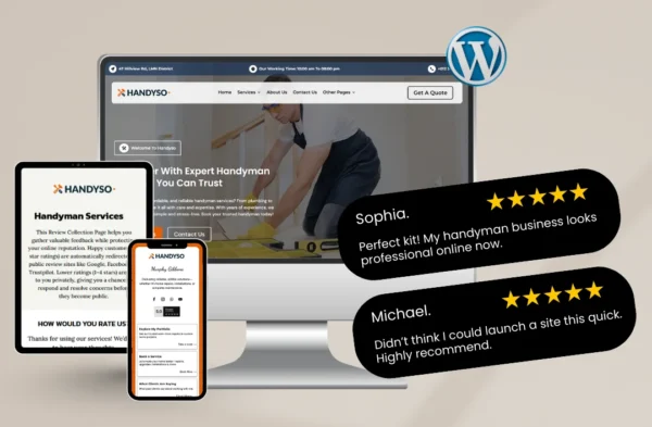 "Handyman WordPress template mockup shown on desktop, tablet, and smartphone. Features a professional orange and grey theme for home repair services, including 5-star client testimonials from Sophia and Michael to build immediate trust."
