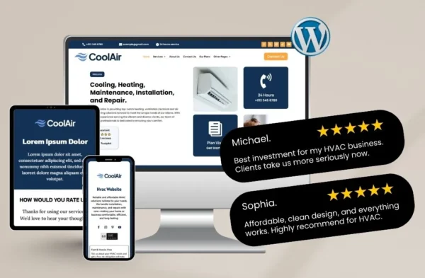 A mockup of the Tempra HVAC WordPress template shown on a desktop monitor, tablet, and smartphone to demonstrate responsive design. The desktop screen features the 'CoolAir' branding with sections for cooling, heating, maintenance, and 24-hour service contact information. Overlaid on the right are two 5-star testimonials: Michael, who calls it the 'Best investment for my HVAC business,' and Sophia, who praises the 'Affordable, clean design.' A WordPress logo is visible in the corner.