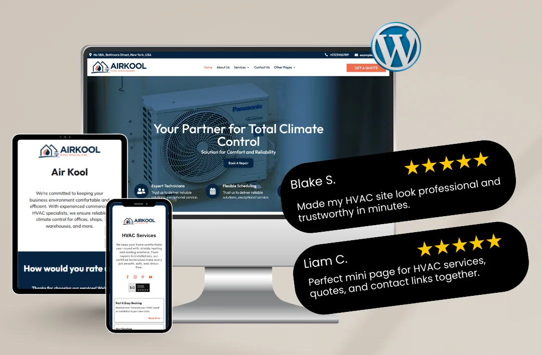 A professional HVAC WordPress theme displayed on a desktop, tablet, and smartphone, featuring a climate control hero banner, a WordPress logo, and 5-star customer testimonials from Blake S. and Liam C.