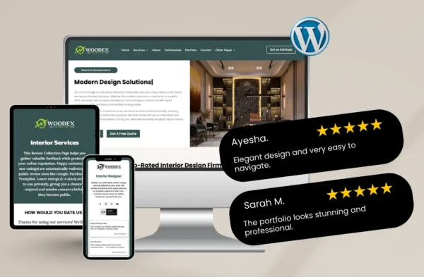 "A professional Interior Design WordPress template mockup displayed on a desktop monitor, tablet, and smartphone. The design features a luxurious dark green and gold theme, a sophisticated hero section with modern architectural imagery, and prominent 5-star customer testimonials. The layout is optimized for high-end portfolio display and local service-based SEO rankings."