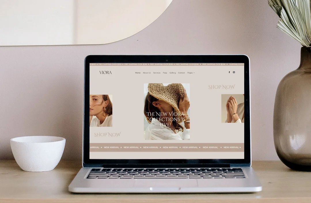 Laptop displaying a jewelry WooCommerce WordPress website with a modern, elegant homepage layout featuring new collections and shop sections.