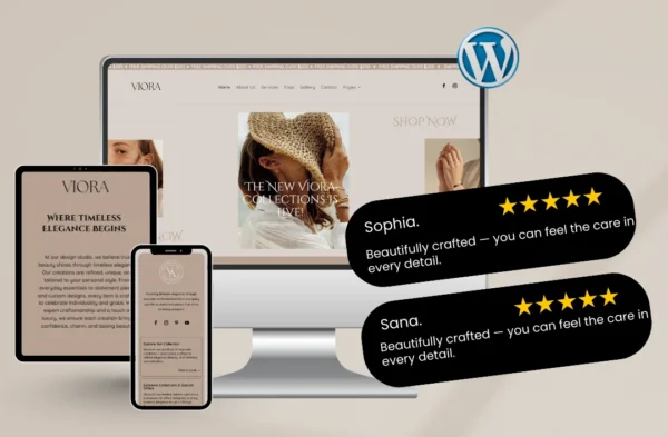 Viora jewelry e-commerce WordPress template displayed on desktop, tablet, and mobile with WooCommerce integration and 5-star customer reviews.