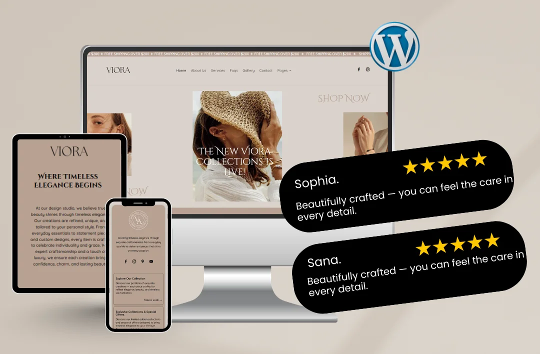 Viora jewelry e-commerce WordPress template displayed on desktop, tablet, and mobile with WooCommerce integration and 5-star customer reviews.