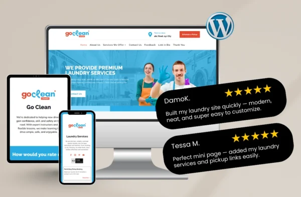 "A professional 'GoClean' laundry service website template mockup for cleaning and hospitality businesses. The design features a fresh sky-blue and white color palette, high-quality imagery of friendly service staff, and the headline 'We Provide Premium Laundry Services.' Displayed across a desktop monitor, tablet, and smartphone with a WordPress logo and 5-star testimonials from Damok and Tessa M."
