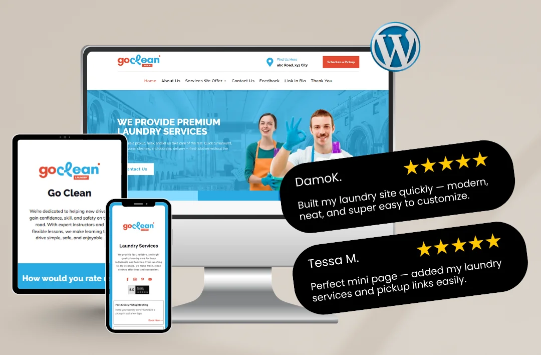 "A professional 'GoClean' laundry service website template mockup for cleaning and hospitality businesses. The design features a fresh sky-blue and white color palette, high-quality imagery of friendly service staff, and the headline 'We Provide Premium Laundry Services.' Displayed across a desktop monitor, tablet, and smartphone with a WordPress logo and 5-star testimonials from Damok and Tessa M."