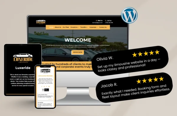 Limousine rental WordPress website displayed on desktop, tablet, and mobile devices with customer testimonials and five-star reviews.