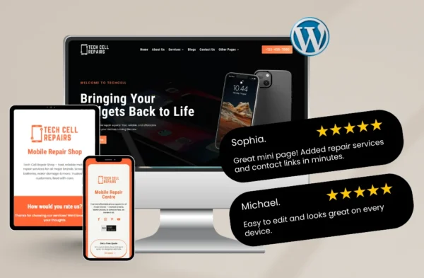 "A professional Mobile Repair WordPress template mockup displayed on a desktop, tablet, and smartphone. The design features a high-tech dark theme with orange highlights, professional gadget repair imagery, and integrated 5-star customer testimonials from Sophia and Michael to establish instant brand authority."