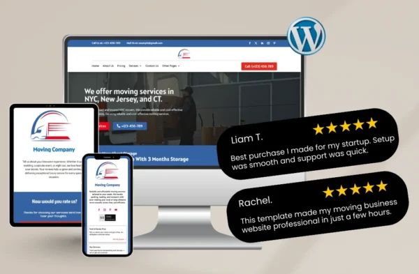 "A professional 'Moving Services' website template mockup for relocation and logistics companies. The design features a crisp white and blue professional color palette, a high-quality action shot of a mover, and the headline 'We offer moving services in NYC, New Jersey, and CT.' Displayed across a desktop monitor, tablet, and smartphone with a WordPress logo and 5-star testimonials from Liam T. and Rachel."