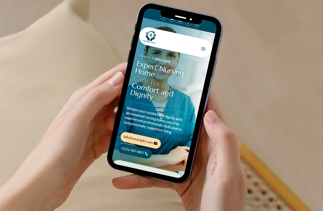 A promotional mockup and service page preview of a Nursing Home Care WordPress theme. The design features a professional teal and beige palette with a hero banner titled "Expert Nursing Home Care Focused on Comfort and Dignity." The display includes responsive views for desktop, tablet, and smartphone, alongside a 5-star rating interface with a QR code and positive testimonials from John Smith, Mary Johnson, and Robert Lee praising the compassionate staff.
