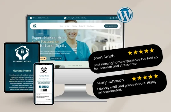 A promotional mockup for the "Dentora" dental clinic WordPress theme displayed on a desktop, tablet, and smartphone. The website features a blue and white professional design with a hero image of a dental patient and the headline "Care You Can Trust. Expert Dental Care. Restore Your Smile." Two black 5-star testimonial bubbles from Bilal and Noor highlight the stress-free experience and friendly staff.