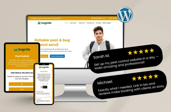 "A professional multi-device mockup of the 'Bugcide' Pest Control WordPress template on a desktop monitor, tablet, and smartphone. The design features a high-trust yellow and white theme, a professional technician hero image, and integrated 5-star customer testimonials to build immediate brand authority."