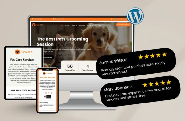 A professional pet care WordPress theme displayed on multiple devices, featuring a golden retriever and cat on the homepage with 5-star testimonials from James Wilson and Mary Johnson.
