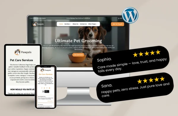 A promotional mockup for a professional pet care WordPress theme shown on a desktop monitor and smartphone. The desktop screen displays a technical performance score of 80 and a best practices score of 100, while the smartphone shows a mobile speed score of 73. To the right, two black 5-star testimonial bubbles from Felix M. and Harper V. praise the theme's compassionate design and ease of use.