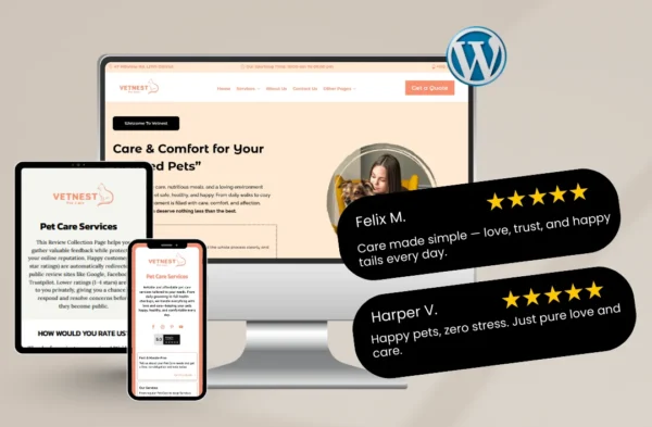 A promotional mockup for a pet care WordPress theme displayed on a desktop monitor, tablet, and smartphone. The website features an inviting orange and cream theme with the headline "Care & Comfort for Your Loved Pets." To the right, two black testimonial bubbles with 5-star ratings from Felix M. and Harper V. highlight the theme's focus on compassionate pet care and simple setup.